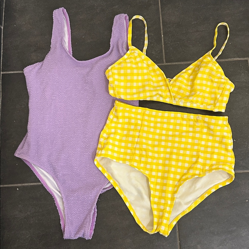 NWOT Kona Sol Yellow Gingham Bikini Set + Anrabess Purple One Piece Swimsuit
